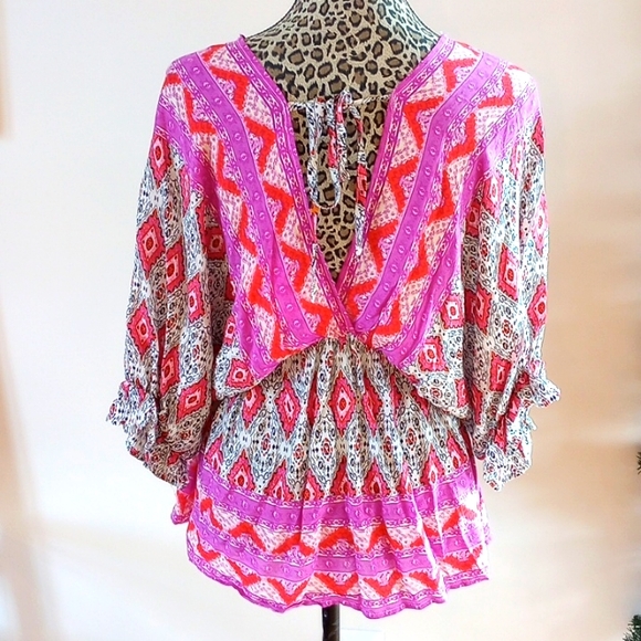 Umgee Double V  Riley Boho Blouse Size:S Color:Purple/Orange NWT - Picture 4 of 12